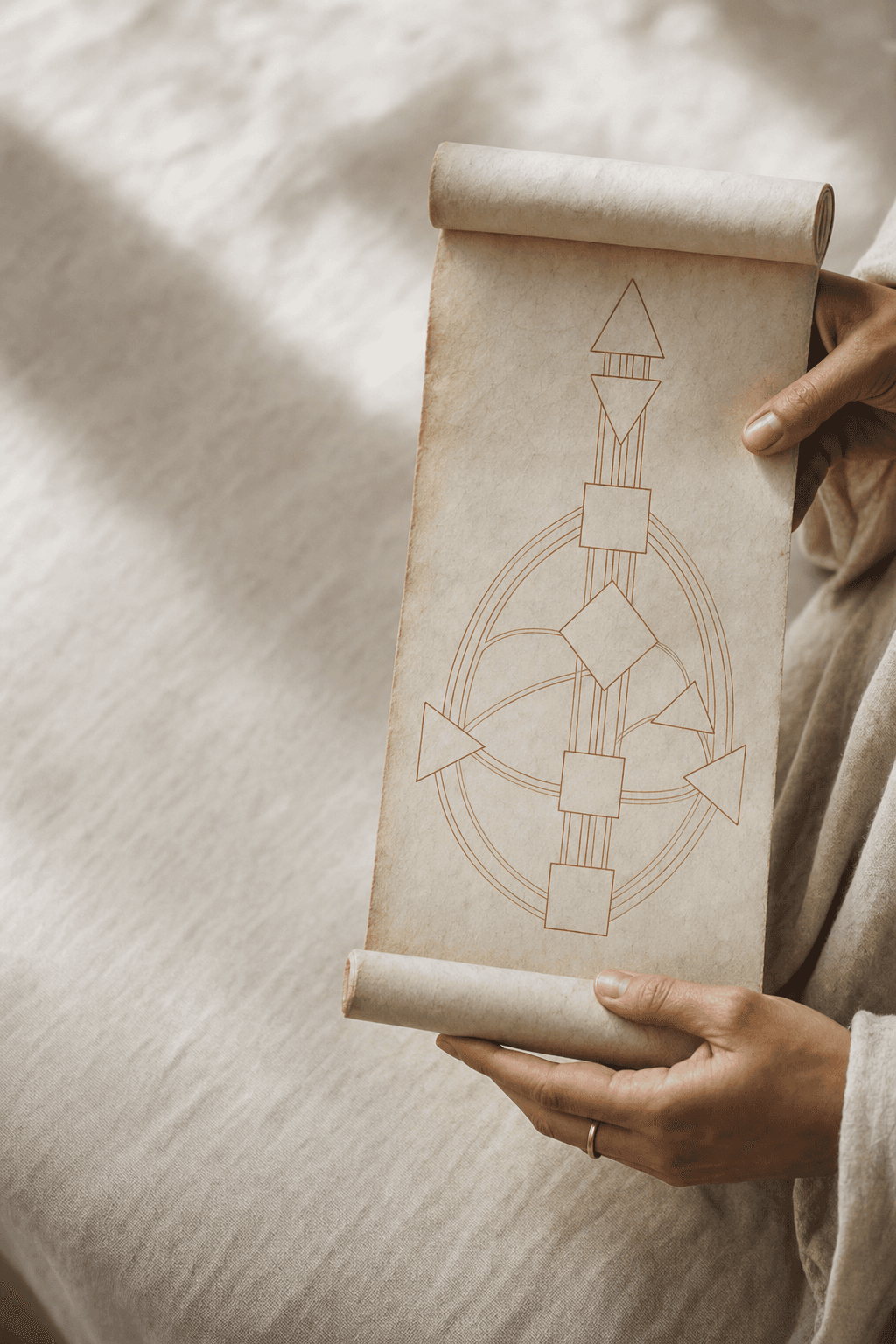 A pair of hands cradle an unrolled vellum scroll bearing a hand-drawn Human Design BodyGraph in fine aged gold linework.